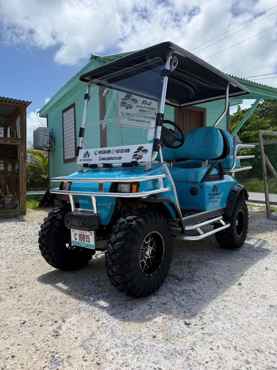OJ Golf Cart Rentals fleet on Ambergris Caye, San Pedro, Belize